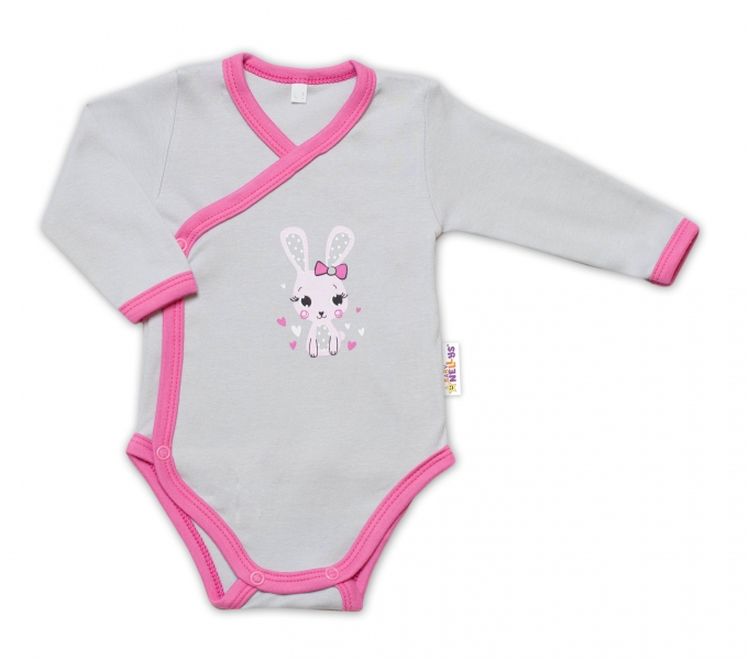Baby Nellys Dojčenské body, dl. rukáv, zap. bokom Lovely Bunny - sivé / ružové-#Velikost koj. oblečení;48 (0+)