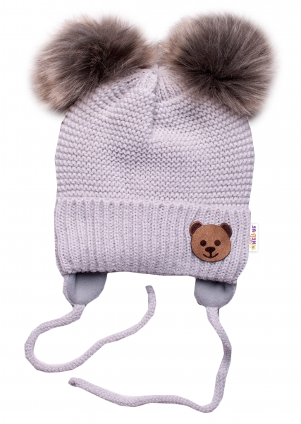 BABY NELLYS Zimná čiapka s fleecom Teddy Bear - chlupáčk. bambuľky - sv. šedá, šedá