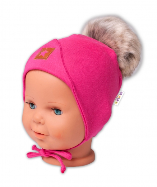 Baby Nellys Bavlnená dvojvrstvová čiapka s brmbolcom na zaväz. Star - ružová, vel. 68/80