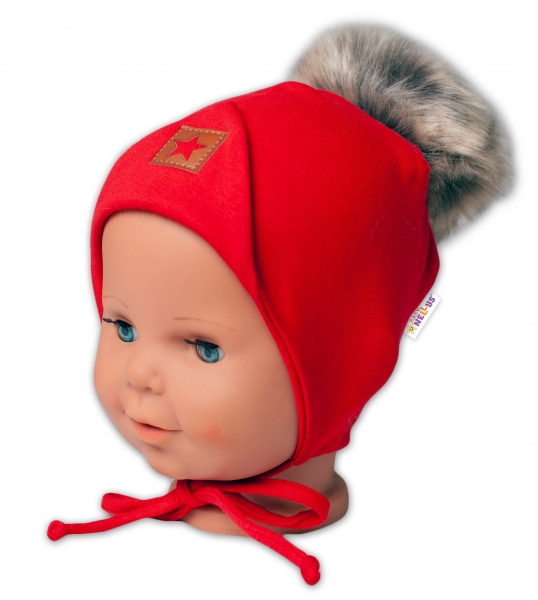 Baby Nellys Bavlnená dvojvrstvová čiapka s brmbolcom na zaväz. Star - červená, vel. 68/80