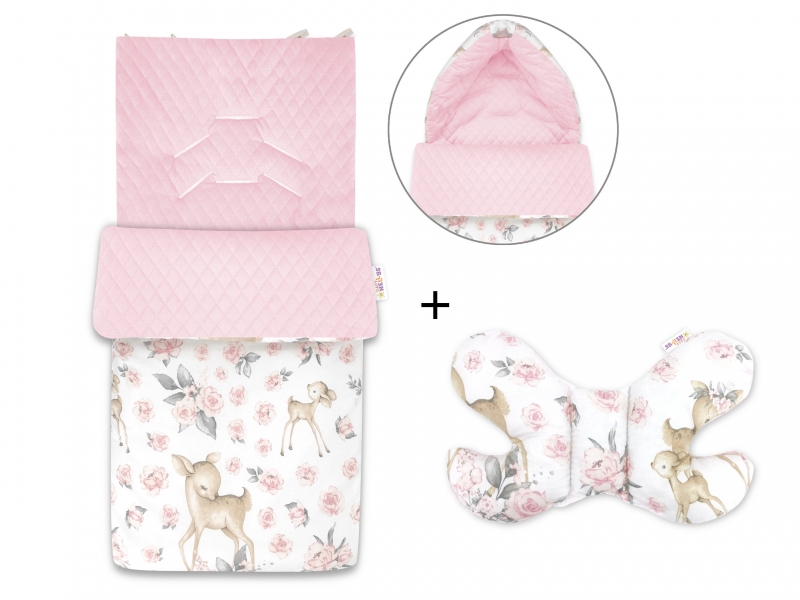 Baby Nellys 2-dielna sada fusak + vankúšik, Srnka a Růže - růžový