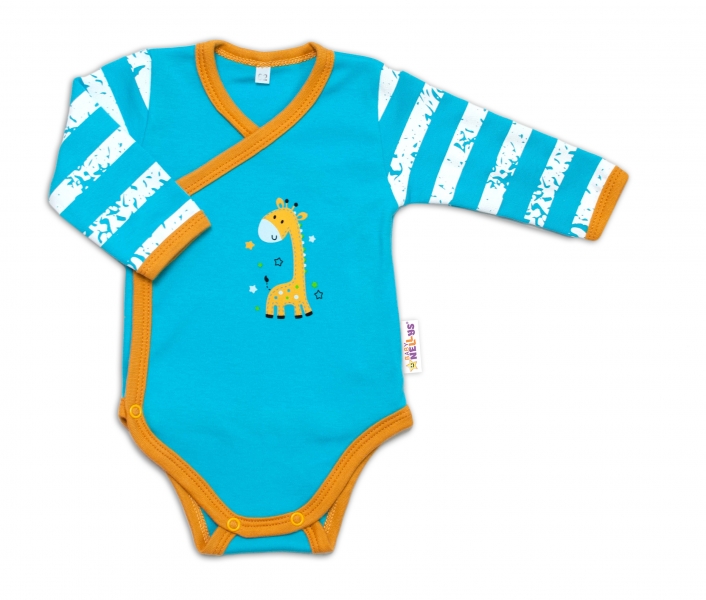 Baby Nellys Dojčenské body, dl. rukáv, zap. bokom Giraffe, tyrkysové-#Velikost koj. oblečení;48 (0+)
