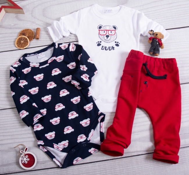 K-Baby 3-dielna sada, 2x body dlhý rukáv, tepláčiky-Dude Bear, červená/biela/granát,veľ.80-#Velikost koj. oblečení;80 (9-12m) ()