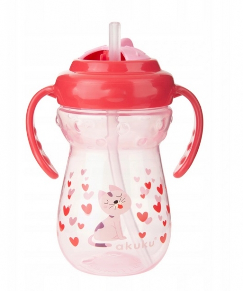 Akuku Hrnček so silikónovou slamkou Srdiečka - ružový, 360 ml