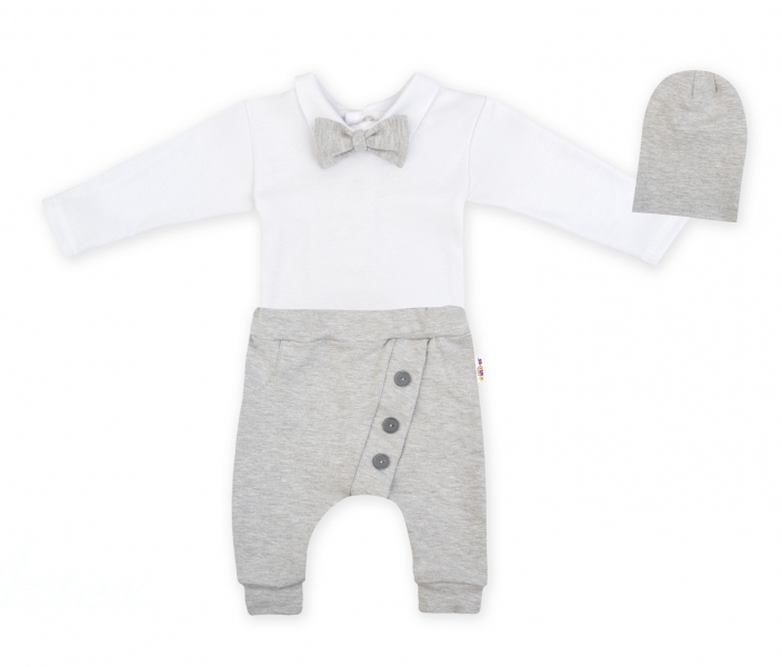 Baby Nellys 3-dielna sada Hubert, body s motýlikom, tepláčiky a čiapočka - sivá, veľ. 74-#Velikost koj. oblečení;74 (6-9m)