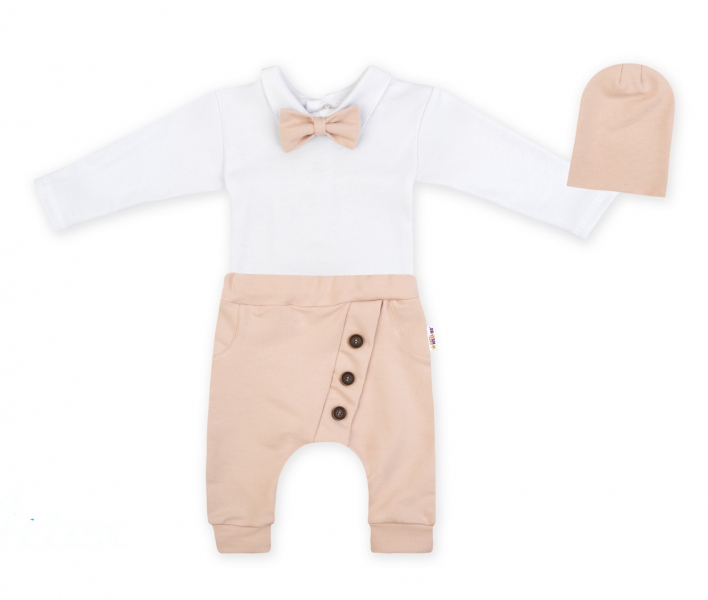 Baby Nellys 3-dielna sada Hubert, body s motýlikom, tepláčiky a čiapočka - béžový, veľ. 74-#Velikost koj. oblečení;74 (6-9m)