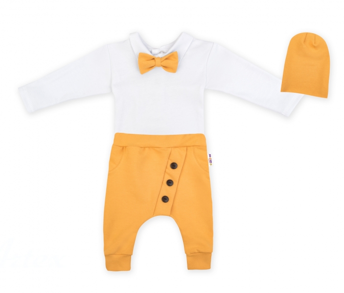 Baby Nellys 3-dielna sada Hubert, body s motýlikom, tepláčiky a čiapočka - hořčica, veľ.74-#Velikost koj. oblečení;74 (6-9m)