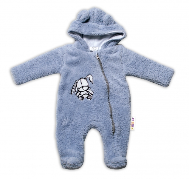 Baby Nellys Chlpáčkový overálek s kapucňou, Cute Bunny - šedý, veľ. 74