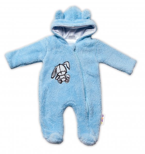 Baby Nellys Chlpáčkový overálek s kapucňou, Cute Bunny - modrý
