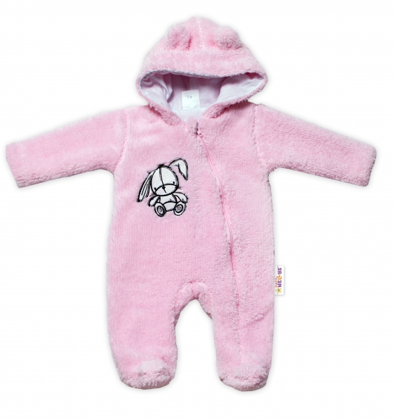 Baby Nellys Chlpáčkový overálek s kapucňou, Cute Bunny - svetlo ružový, veľ. 68