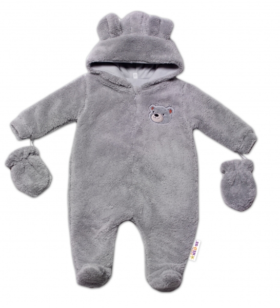 Kojenecký chlpáčikový overal Luna s kapucňou + rukavičky, Macko, sivý, vel. 68