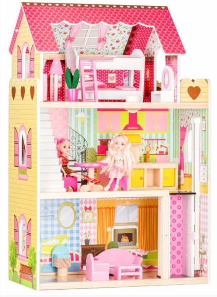 ECO TOYS Drevený domček pre bábiky s výťahom + 2 bábiky - Malinová rezidencia