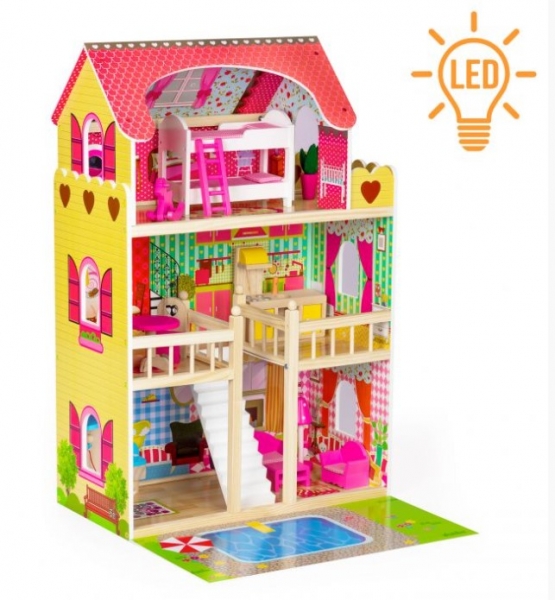 ECO TOYS Drevený domček pre bábiky s nábytkom, bazénom a osvetlením