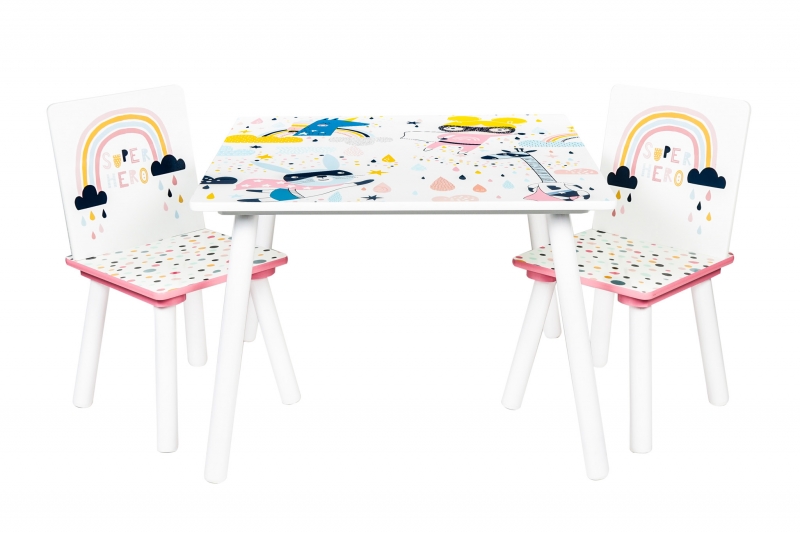BABY NELLYS Detský nábytok - 3 ks, stôl so stoličkami Dúha - biela