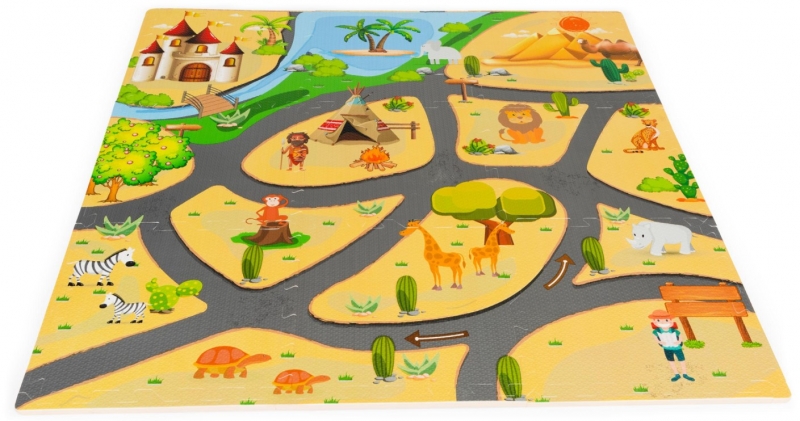 ECO TOYS Detské penové puzzle 93,5x93,5cm, hracia deka, podložka na zem Safari, 9 dielov