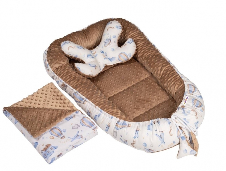 Baby Nellys Sada komplet obojstranné. hniezdočko s minky Balón a lietadlá, biela/cappucino