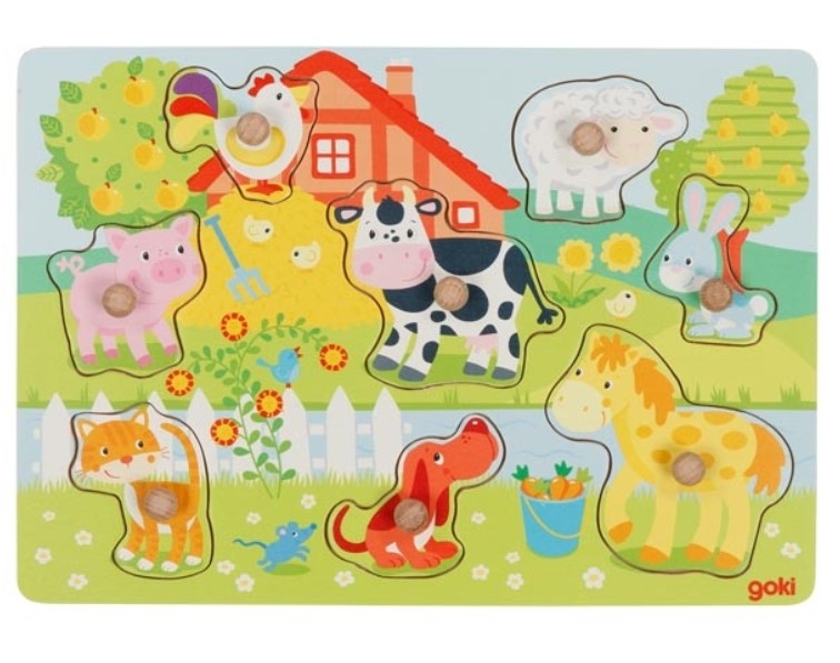 Goki Edukačná drevená vkladačka/puzzle s úchytmi Farma