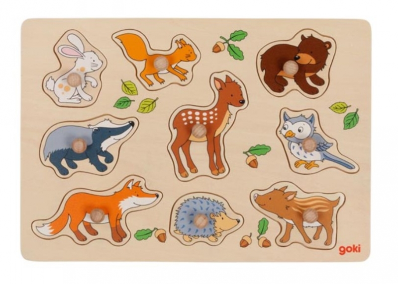 Goki Edukačná drevená vkladačka/puzzle s úchytmi Lesné zvieratká