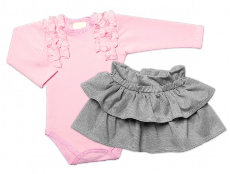 BABY NELLYS 2-dielna sada, body dl.rukáv + suknička Dance Baby, ružová/sivá, veľ. 62-#Velikost koj. oblečení;62 (2-3m)