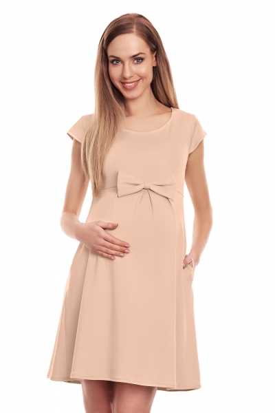 Be MaaMaa Elegantné voľné tehotenské šaty s mašľou, kl. rukáv - béžové, veľ. L/XL