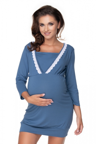 Be MaaMaa Tehotenská, dojčiace nočná košeľa s ozdob. čipkou, 3/4 rukáv - modrá, veľ. L/XL-#Velikosti těh. moda;S/M ()