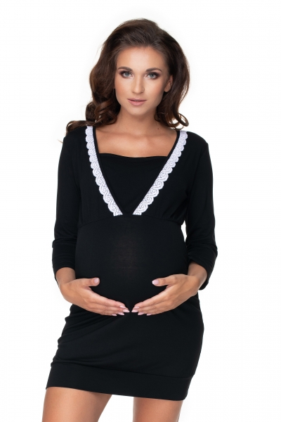 Be MaaMaa Tehotenská, dojčiace nočná košeľa s ozdob. čipkou, 3/4 rukáv - čierna, veľ. L/XL-#Velikosti těh. moda;L/XL