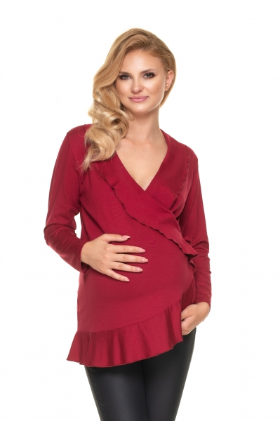 Be MaaMaa Zavinovacia tehotenská/dojčiaca tunika dl. rukáv - bordó, veľ. L/XL-#Velikosti těh. moda;L/XL
