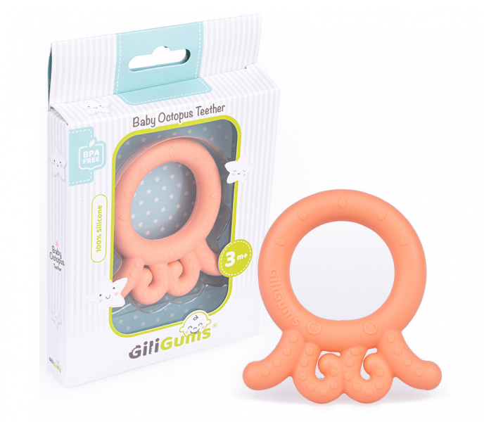 GiliGums Detské hryzátko Baby Octopus Teether, 3m+, marhulova, 1 ks