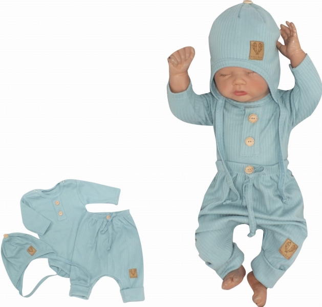 Z&Z 3-dielna rebrovaná súpravička body, tepláčky a čiapočka - mätová, veľ. 6