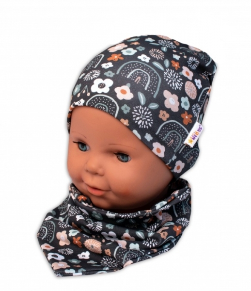 Baby Nellys Dvojvrstvová čiapka + šatka Palouček, grafit, vel. 104/110-#Velikost koj. oblečení;104-110 (3-5r)