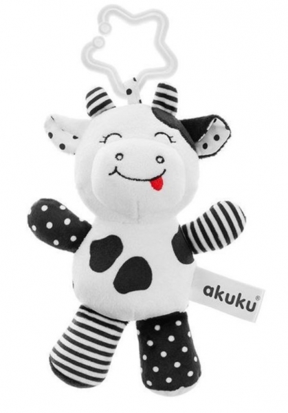 Akuku Plyšová hračka s hrkálkou - Kravička, čierno/biela