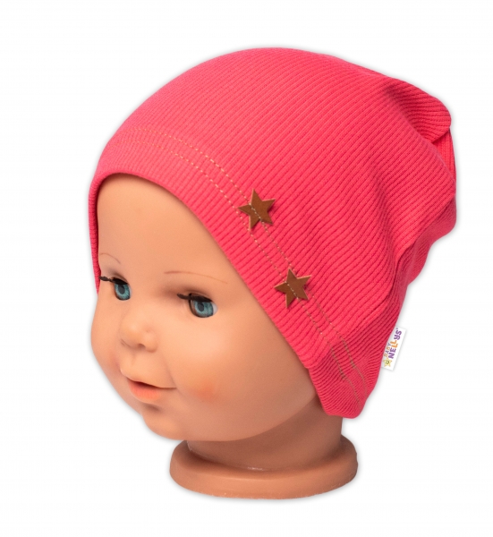 Baby Nellys Rebrovaná čiapka Hviezdičky - koralová-#Velikost koj. oblečení;68-74 (6-9m)