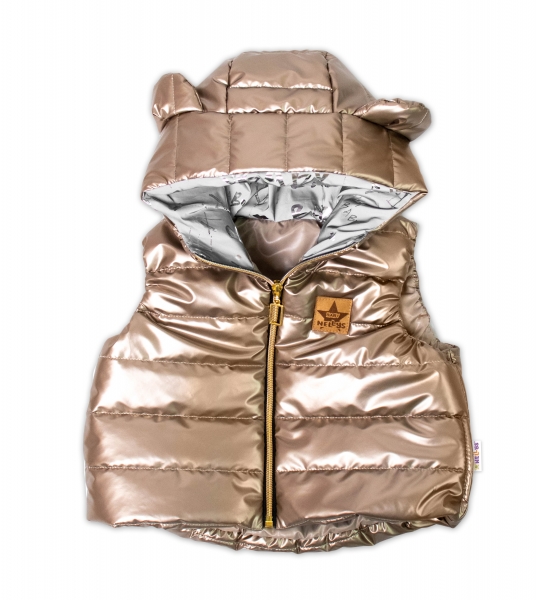 Baby Nellys Dievčenská prechodová vesta s kapucňou a uškami, metalická zlatá-#Velikost koj. oblečení;80 (9-12m)