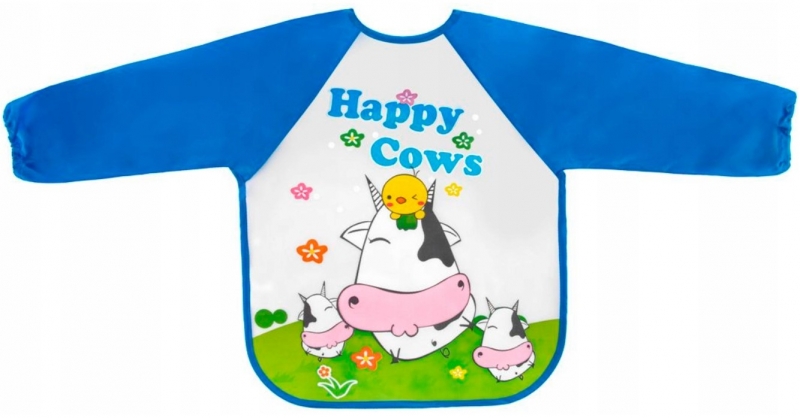 BocioLand Zásterka, podbradník nepremakavý s dlhým rukávom, Happy Cows, modrá