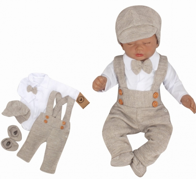 Z&Z 5-dielna pletená sada Boy, body, nohavice, čiapočka motýlik, topánočky, béžová, veľ.86