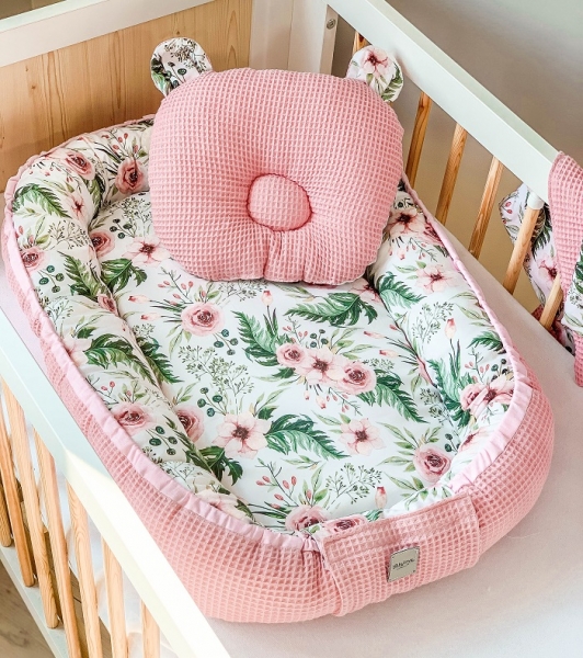 Baby Nellys Sada komplet obojstr. hniezdočko Vafel, 60 x 90 cm, Flowers - růžová