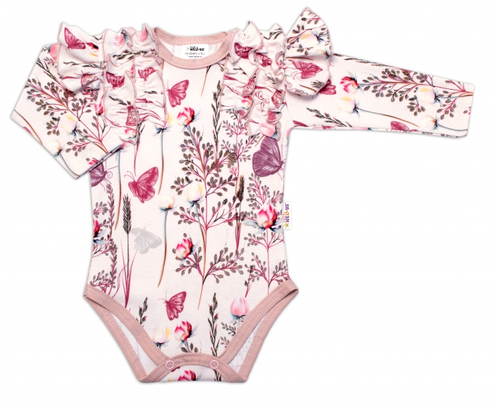 Baby Nellys Dojčenské body dlhý rukáv s volánikmi Motýliky - ružová, veľ. 80-#Velikost koj. oblečení;80 (9-12m)