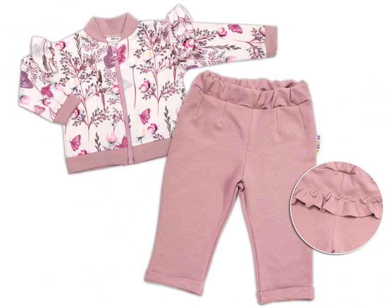 BABY NELLYS Dětská tepláková souprava s volánkem Motýlci - růžová, vel. 98-#Velikost koj. oblečení;98 (2-3r)