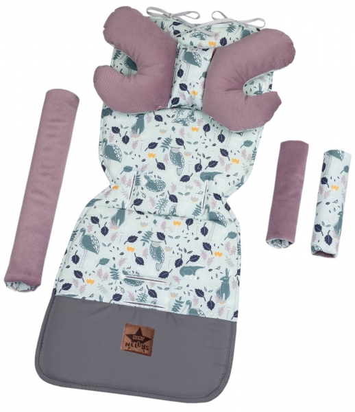 Baby Nellys Obojstranný 5-ti dielny Velvet komplet do kočíka Boho Lesík, mätová/fialová