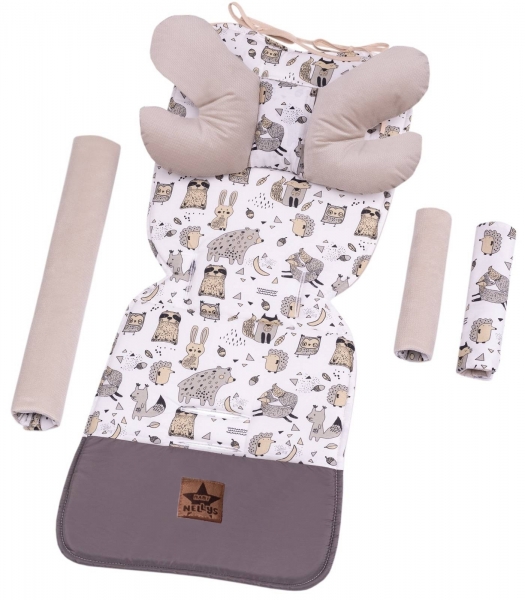 Baby Nellys Obojstranný 5-ti dielny Velvet komplet do kočíka Lesné zvieratká, biela/hnedá