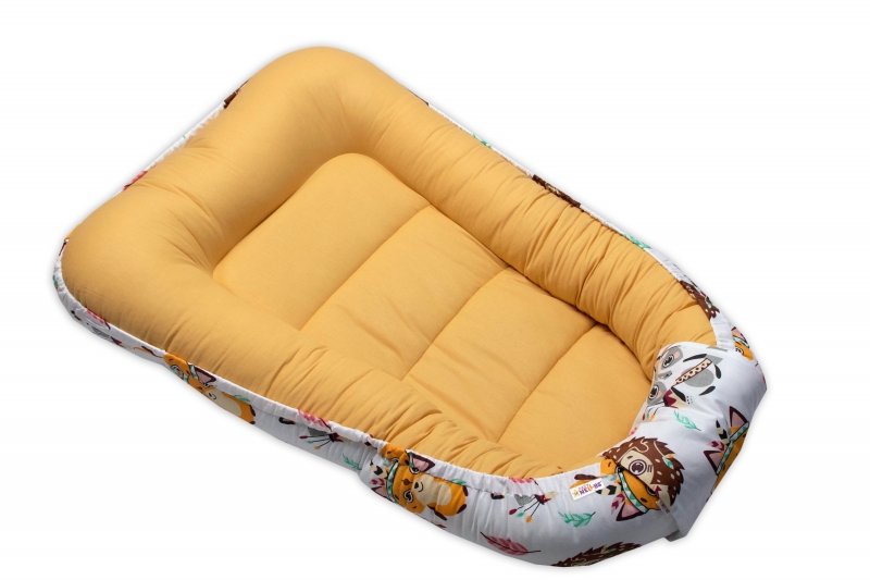 Baby Nellys Obojstranné hniezdočko, kokon bavlna LUX, Ježko a Liška - biela, žltá