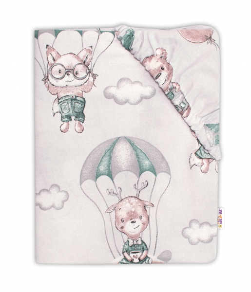 Baby Nellys Detské bavlnené prestieradlo do postieľky, Lietajúce zvieratká, zelené, 70x140