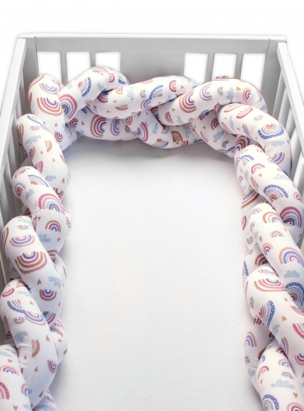 Baby Nellys Bavlnený mantinel pletený vrkoč Dúha, púdrová/biela