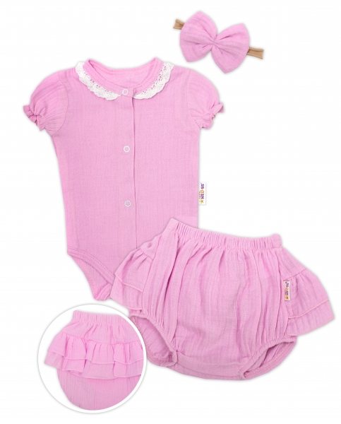 Baby Nellys 3-dielna mušelínová súpravička, body, kraťasky+čelenka GIRL, ružová-#Velikost koj. oblečení;56 (1-2m)