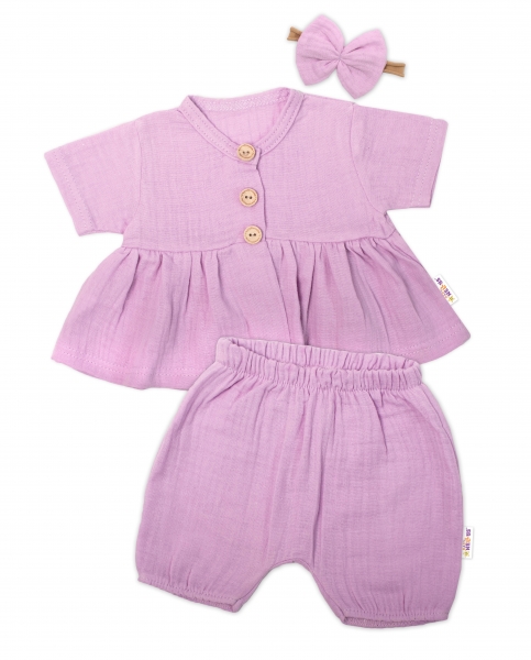 Baby Nellys 3-dielna mušelínová súpr., tunika/blúzka, kraťasky, čelenka, lila, veľ. 74-#Velikost koj. oblečení;74 (6-9m)