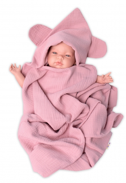 Baby Nellys Luxusná dvojvrstvová mušelínová deka s kapucňou 100 x 100 cm, púdrová
