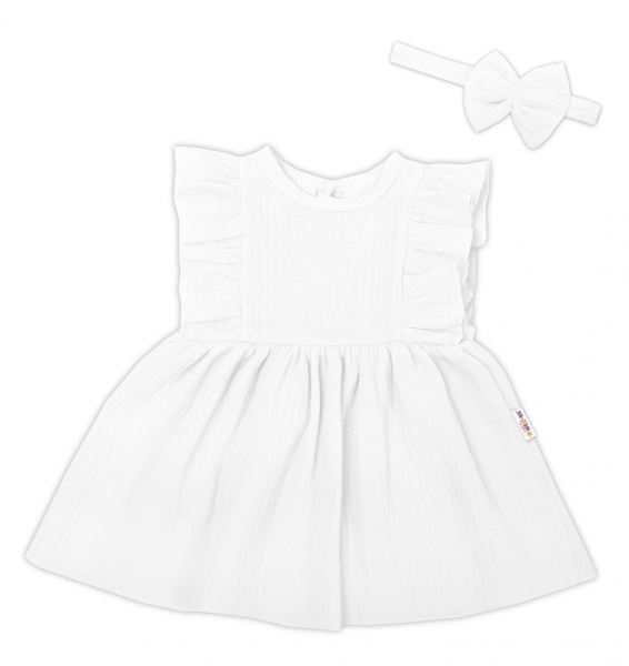 Baby Nellys 2-dielna sada mušelínove šatočky + čelenka, biela, veľ. 80-#Velikost koj. oblečení;80 (9-12m)