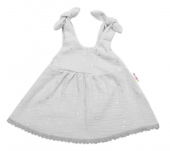 Baby Nellys Letné ľahučké mušelínové šaty Summer Stars - sivé-#Velikost koj. oblečení;56-62 (0-3m)