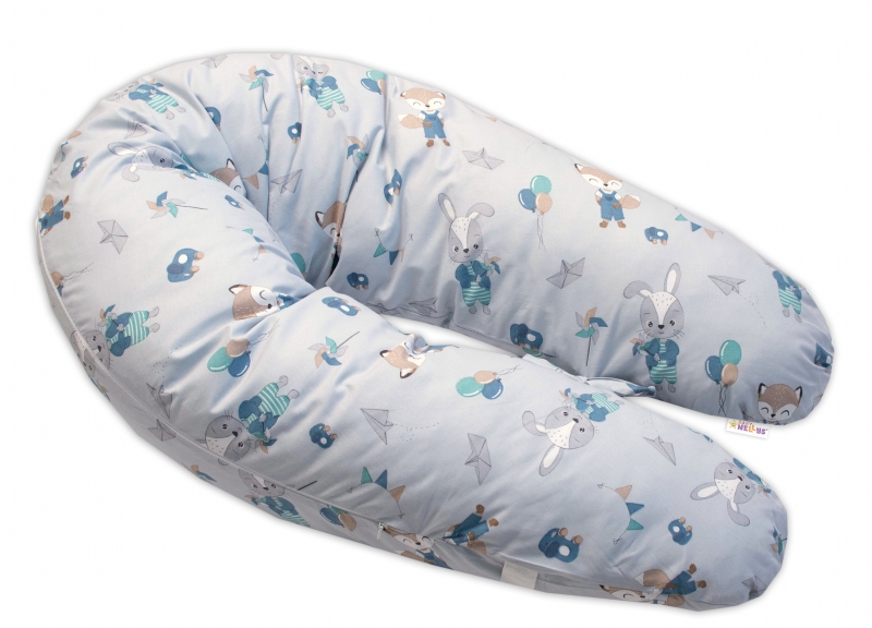 Baby Nellys Dojčiace bavlněný vankúš - relaxačná poduška, Líška a zajac, modrý (BABY NELLYS, VZOR:)