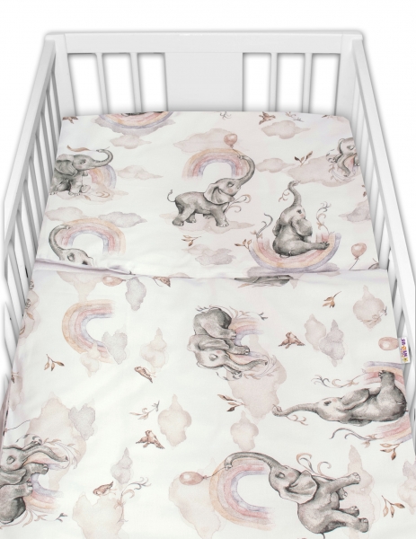 Baby Nellys 2-dielne bavlnené obliečky, Slon a dúha, biela/sivá